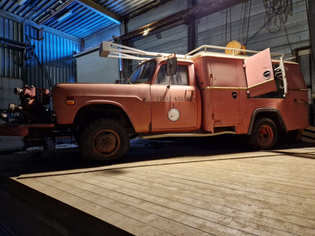 Old firefighting or utility vehicle inside Gruve 3, Longyearbyen, Svalbard